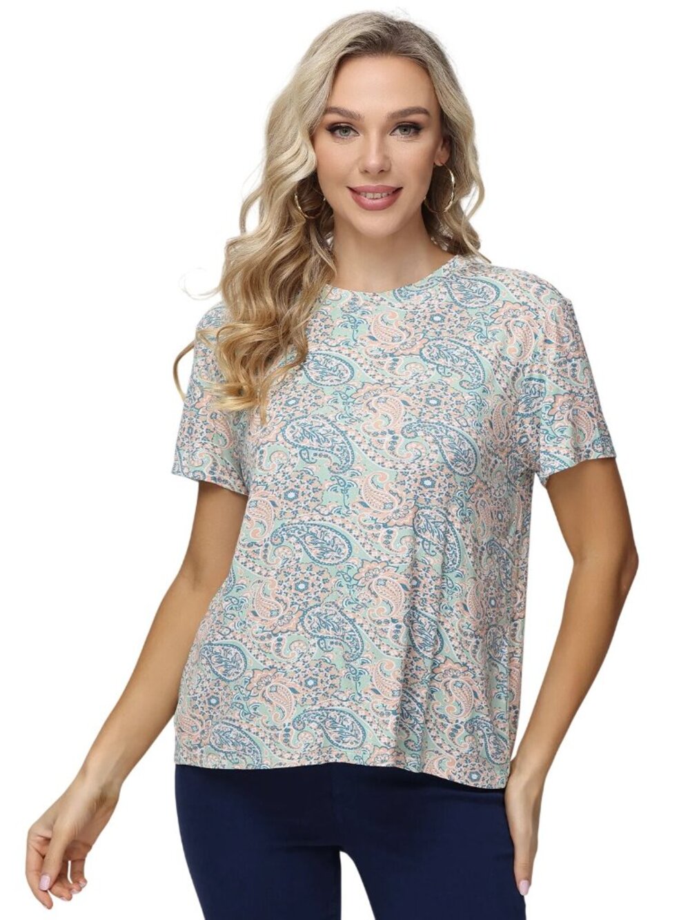 89th + Madison Top Size Large Paisley Print Crewneck Short Sleeve Peach Bohemian